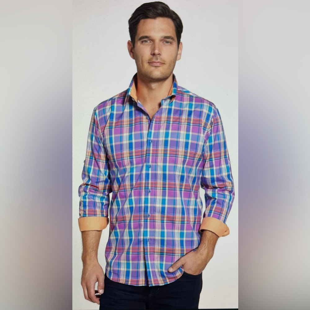 BUGATCHI Shaped Fit 100% Cotton Button Up Shirt Purple Orange Blue Large